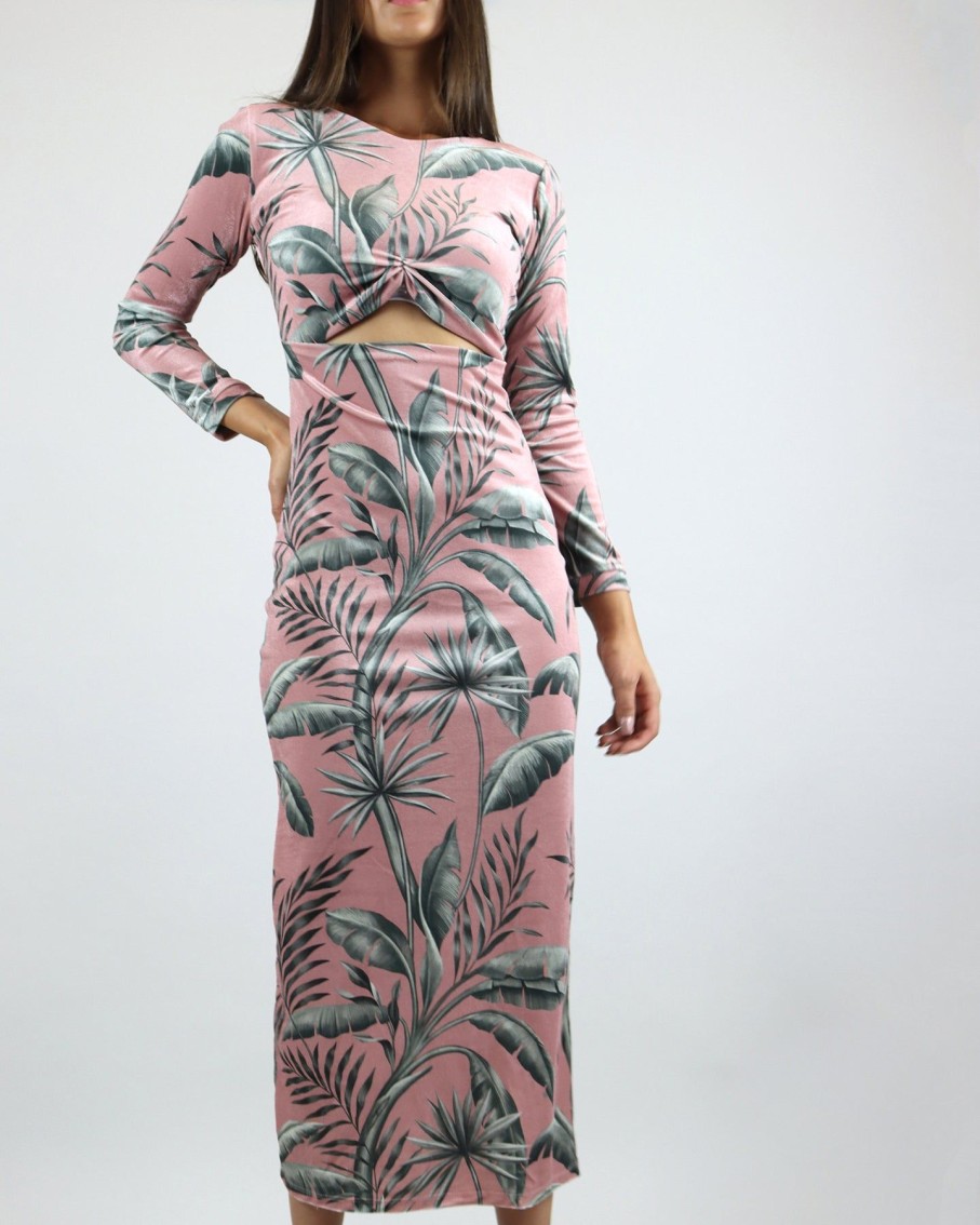 Women Lobo Rosa Dresses | Pink Tropical Velvet Wrap Midi Dress