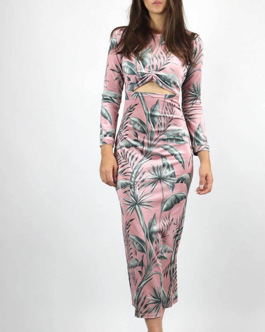 Women Lobo Rosa Dresses | Pink Tropical Velvet Wrap Midi Dress