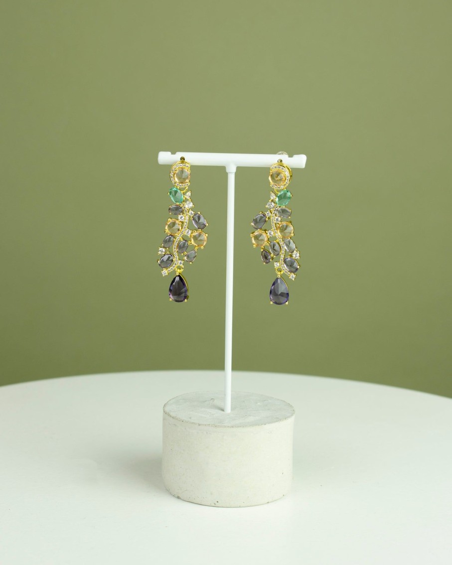 Women 227 Earrings | Gold Amber Lilac Drop Gem Vine Earrings