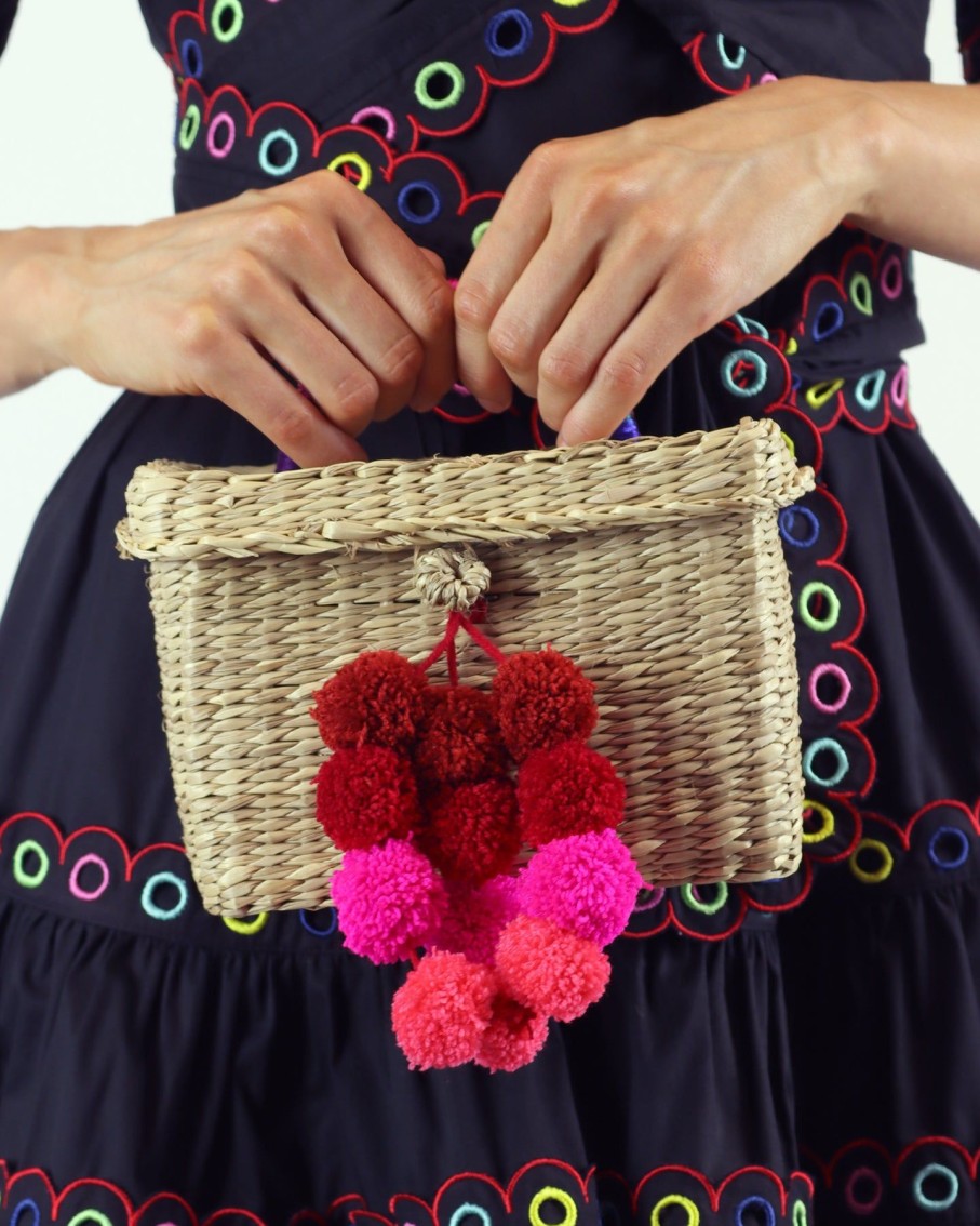 Women Le Pom Pom Beach Bags | Woven Box Bag With Pom Poms