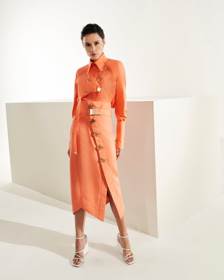 Women Tufi Dresses | Coral Orange Asymmetrical Blazer Midi Dress