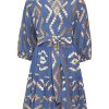 Women Greek Archaic Kori Dresses | Indigo Gold Rhombus Embroidered Mini Dress