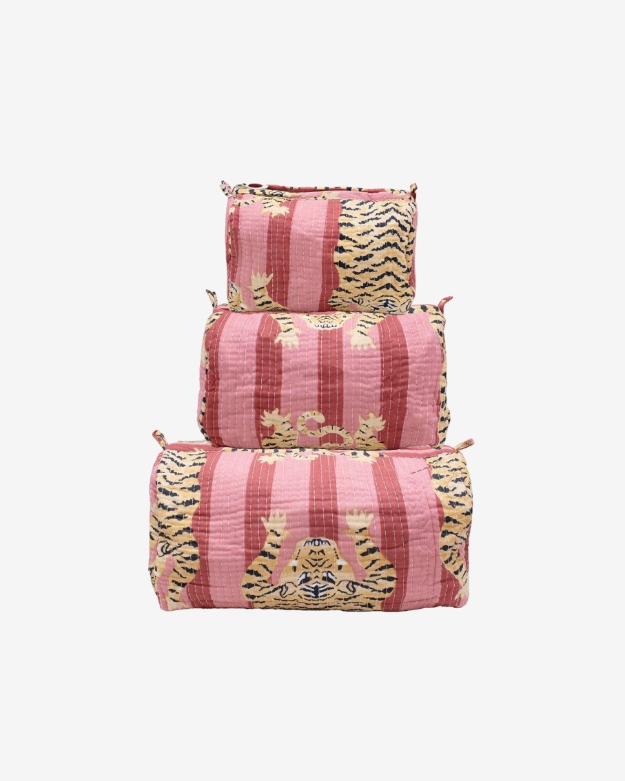 Women Ayras World Wash Bags | Blush Pink Block Printed Cotton Quilted Makeup/Washbag (Set Of 3)