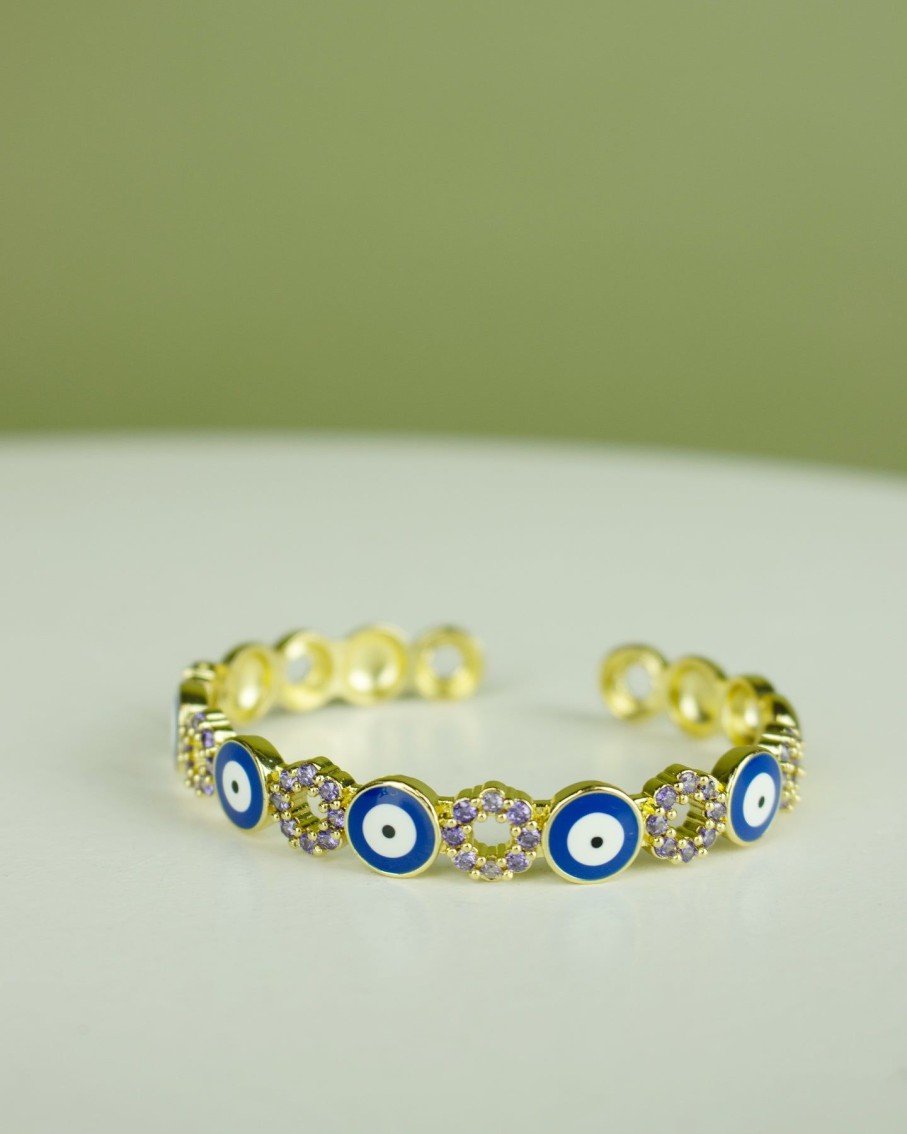 Women 227 Bracelets | Navy Blue Evil Eye Lilac Gem Gold Cuff Bracelet