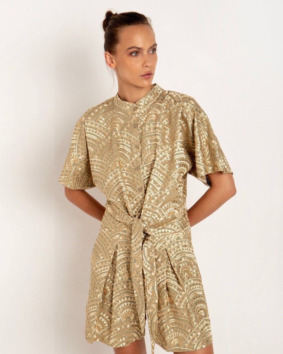 Women Greek Archaic Kori Shirts & Blouses | All Over Tea And Gold Front Ties Shirt