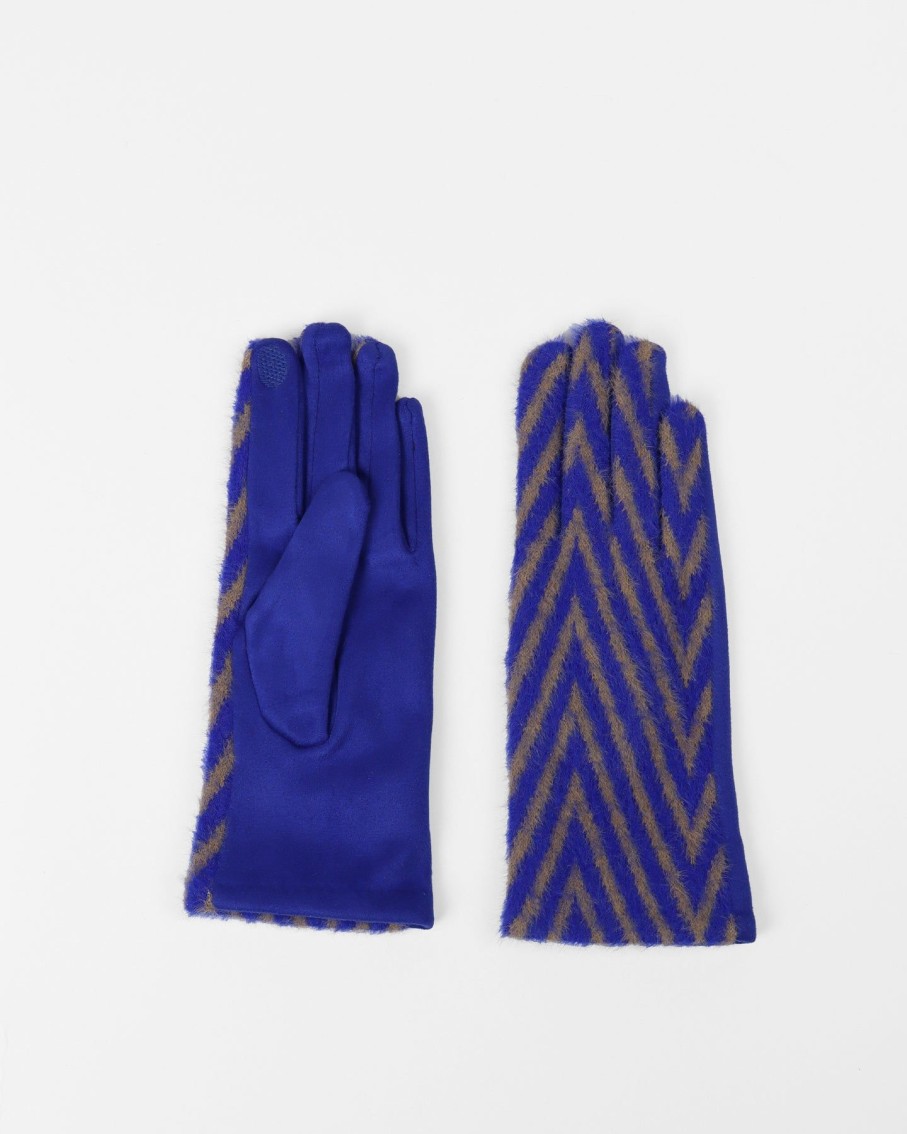 Women BLAIZ Hats, Gloves & Scarves | Cobalt Blue And Grey Chevron Print Faux Suede Gloves