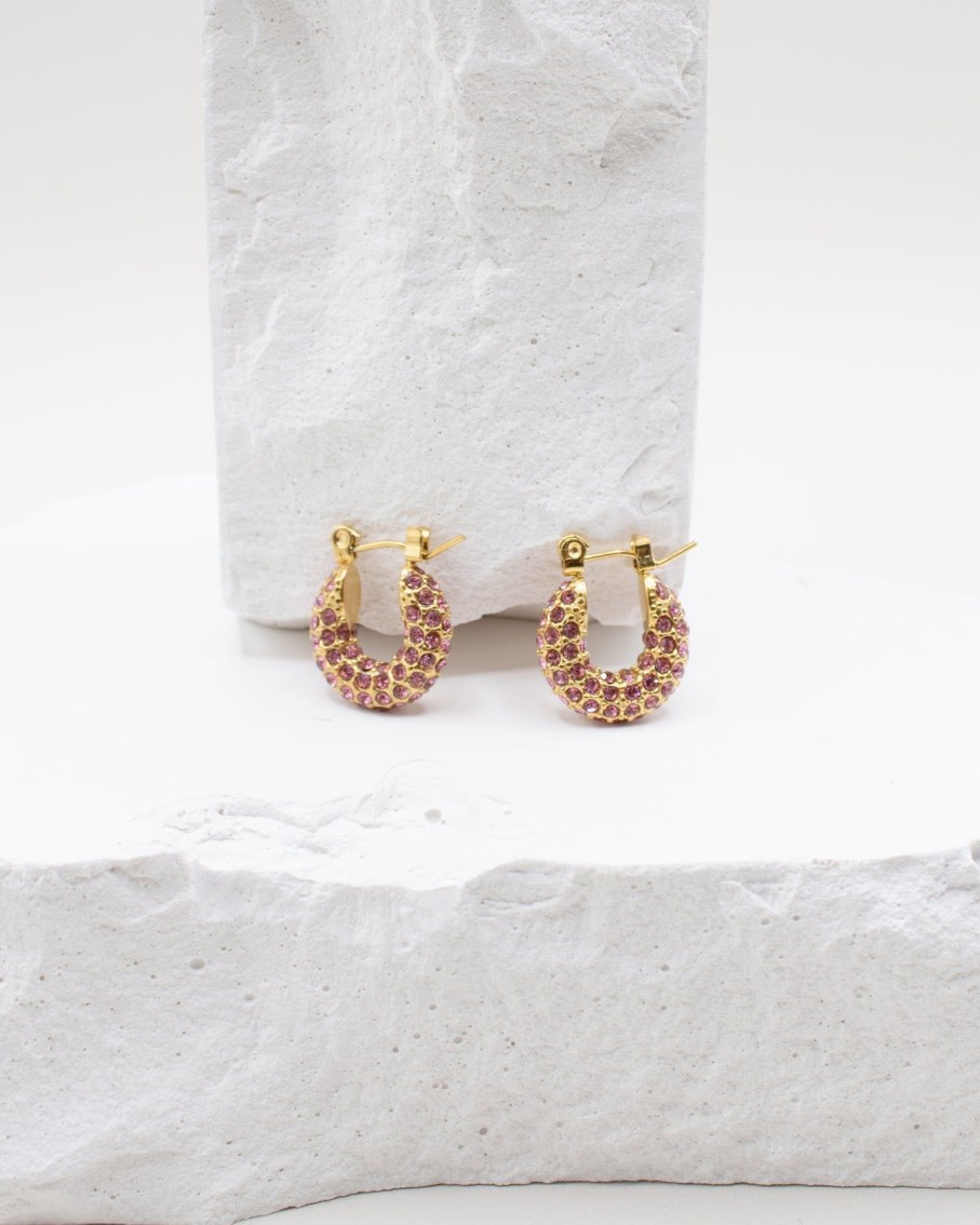 Women 227 Earrings | Pink Mini Gold Crystal Hoop Earrings