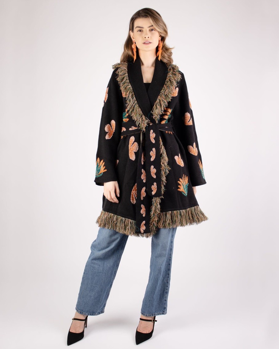 Women Arara for BLAIZ Jumpers & Cardigans | Tropical Beaded Black Shortjacquard Duster