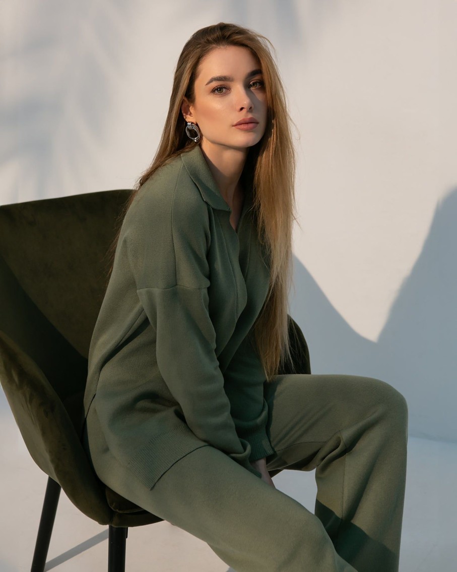 Women 25 UNION Jumpers & Cardigans | Olive Pollo Collar Detail Oversized Jumper