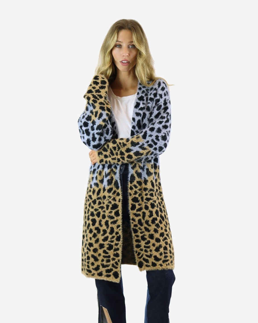 Women On Blue Jumpers & Cardigans | Two-Tone Cheetah Print Cardigan