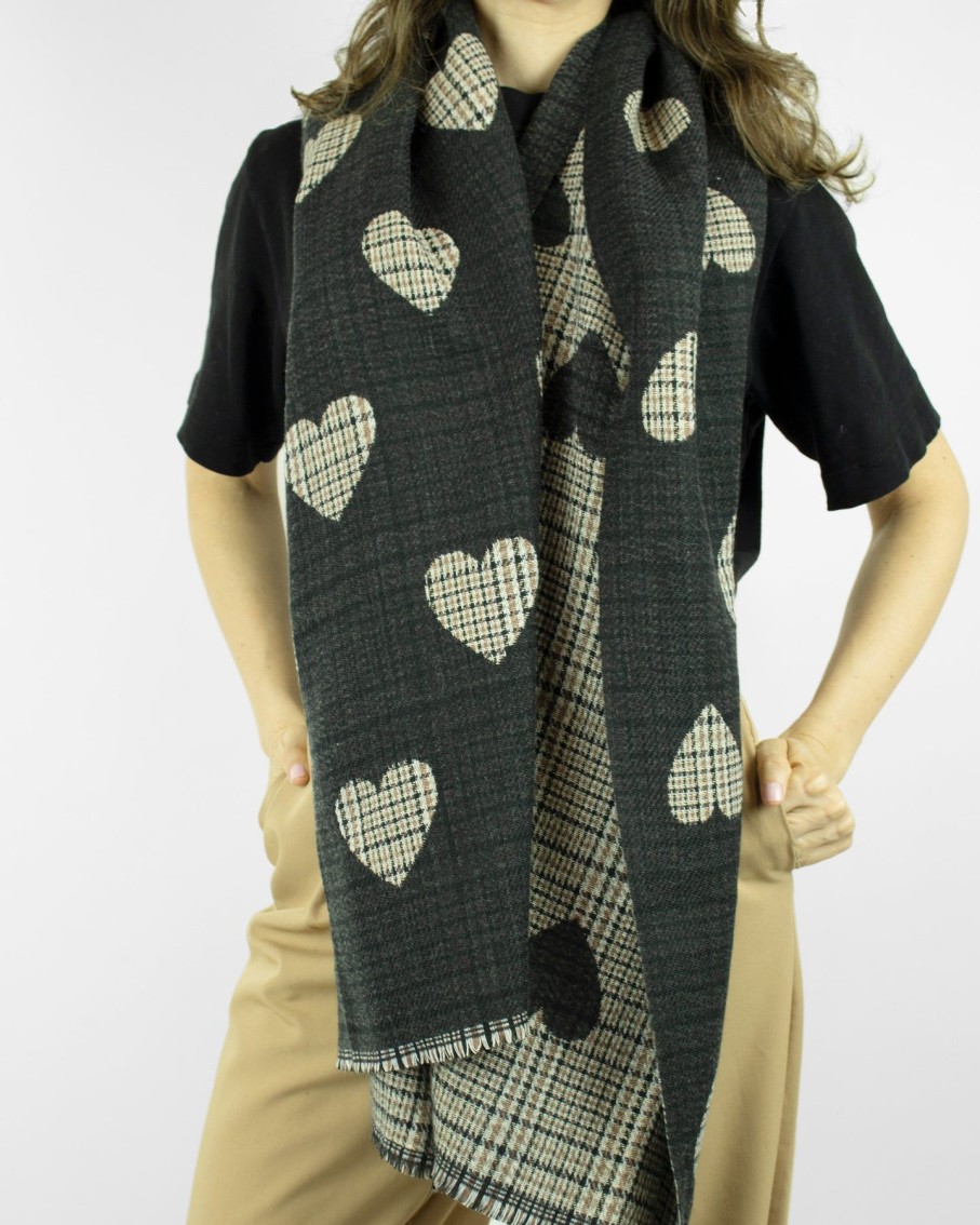 Women 227 Hats, Gloves & Scarves | Black Double-Sided Heart Tweed Oversized Scarf