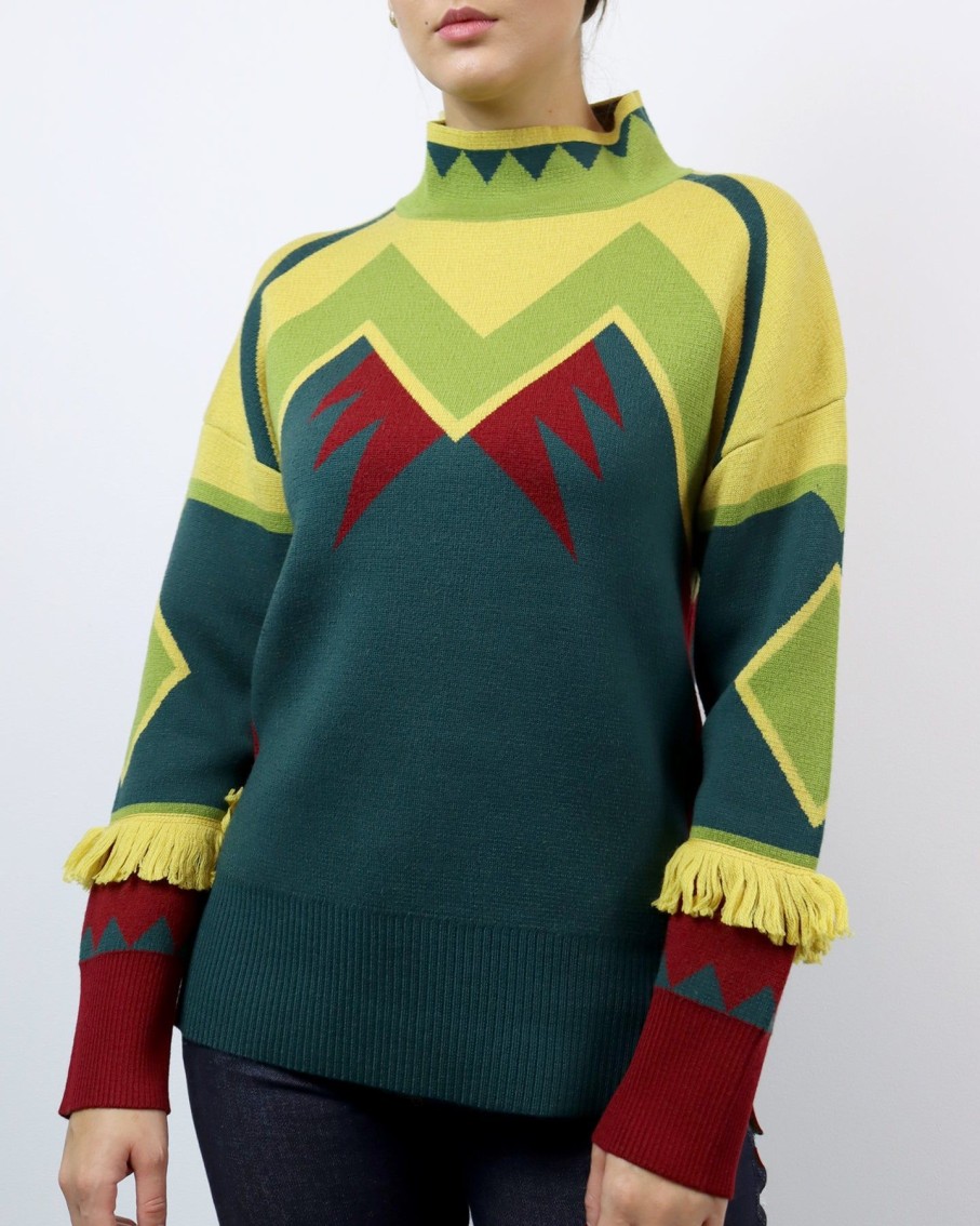 Women Mitawa Jumpers & Cardigans | Green, Yellow & Burgundy Merino Sweater