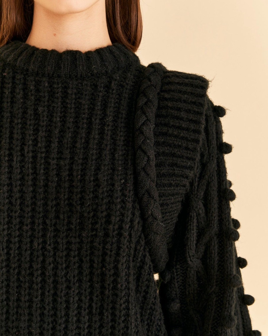 Women Farm Rio Jumpers & Cardigans | Black Braided Detailed Sleeve Sweater