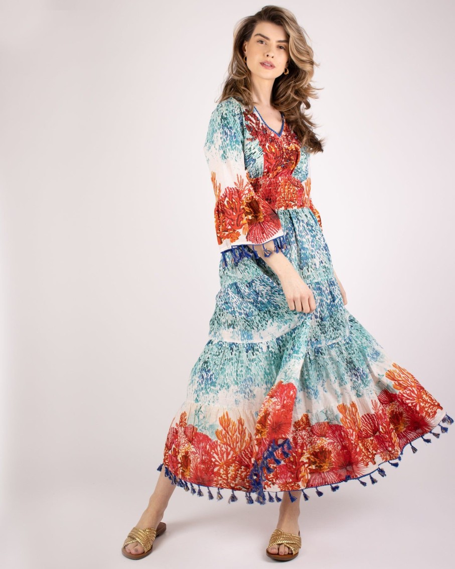 Women BLAIZ Dresses | Coral Printed Tiered Maxi Dress