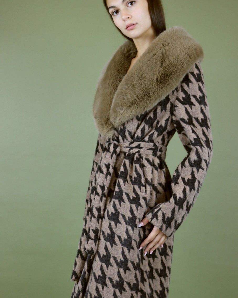 Women BLAIZ Coats & Jackets | Taupe Houndstooth Pattern Faux Fur Collar Coat