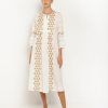 Women Greek Archaic Kori Dresses | White Copper Arrow Embroidered Long Sleeves Midi Dress