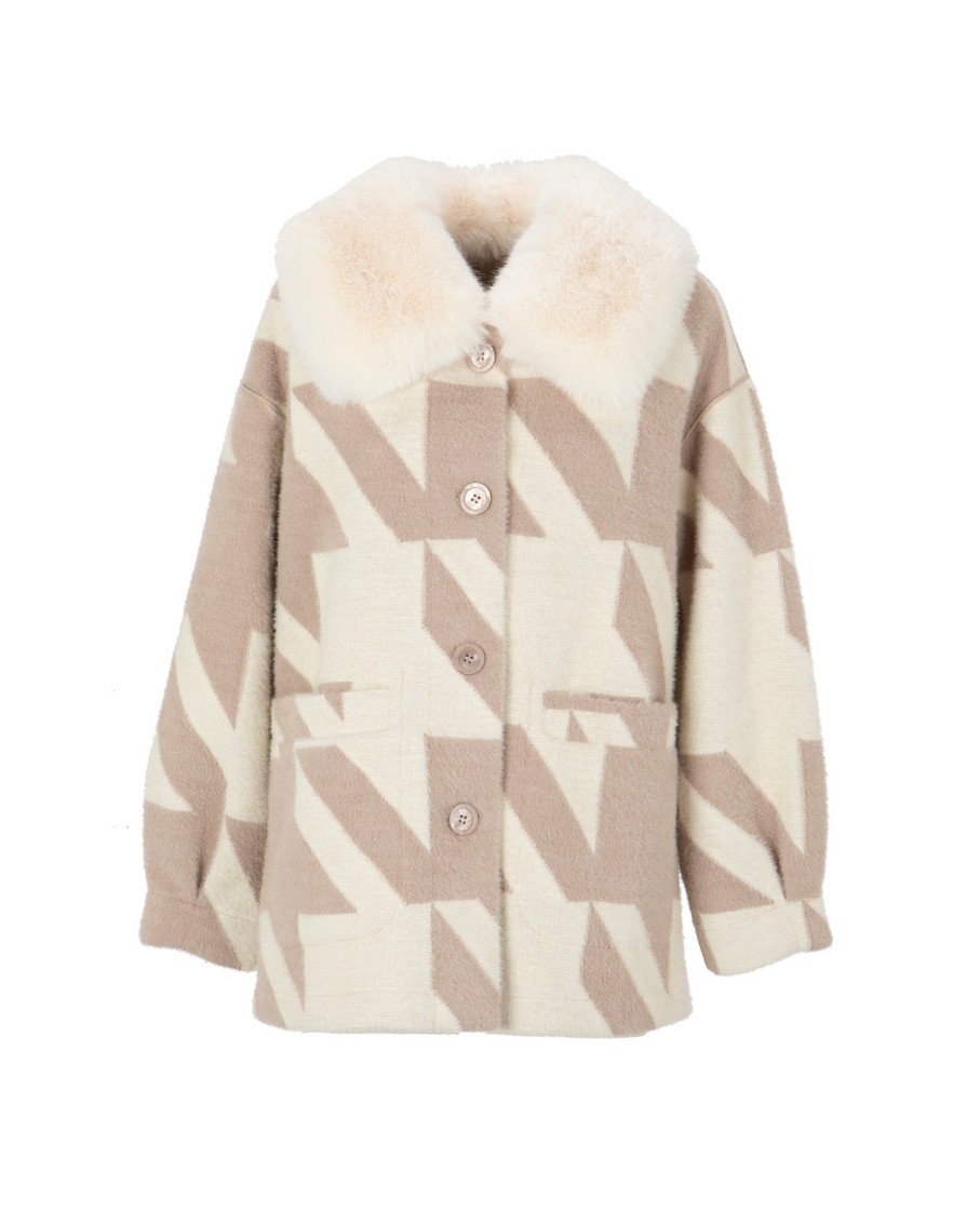 Women Arara for BLAIZ Coats & Jackets | Cream Houndstooth Pattern Faux Fur Collar Reversible Jacket