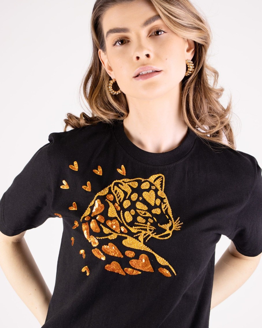 Women Arara for BLAIZ Tops & T-Shirts | Cheetah In Love Gold Beaded Black T-Shirt