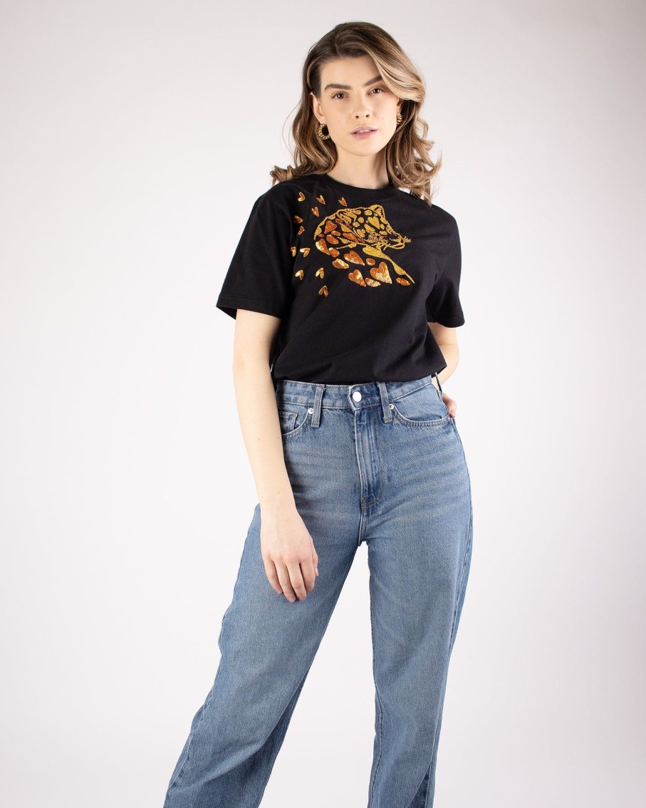 Women Arara for BLAIZ Tops & T-Shirts | Cheetah In Love Gold Beaded Black T-Shirt