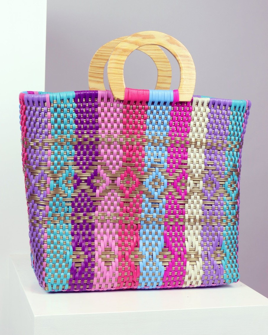 Women BLAIZ Mexico Beach Bags | Laura Sofia Wooden Handle Woven Tote