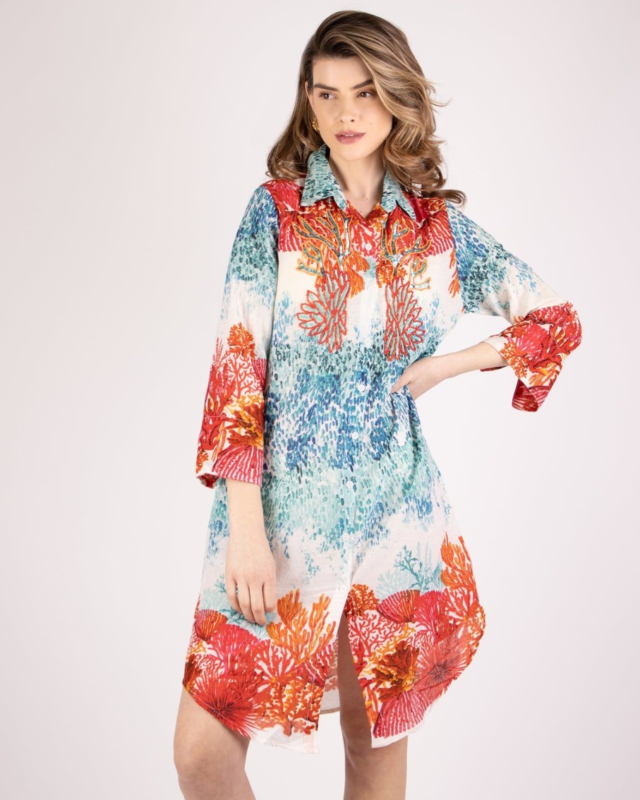 Women BLAIZ Dresses | Coral Printed Shirt Dress