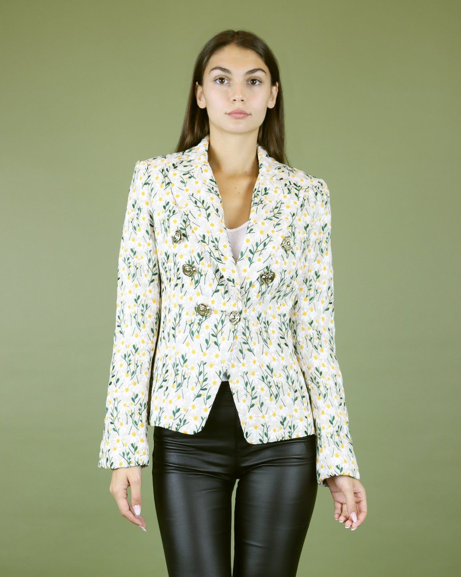 Women Skazi Coats & Jackets | Embroidered Daisy Floral Print Longline Blazer