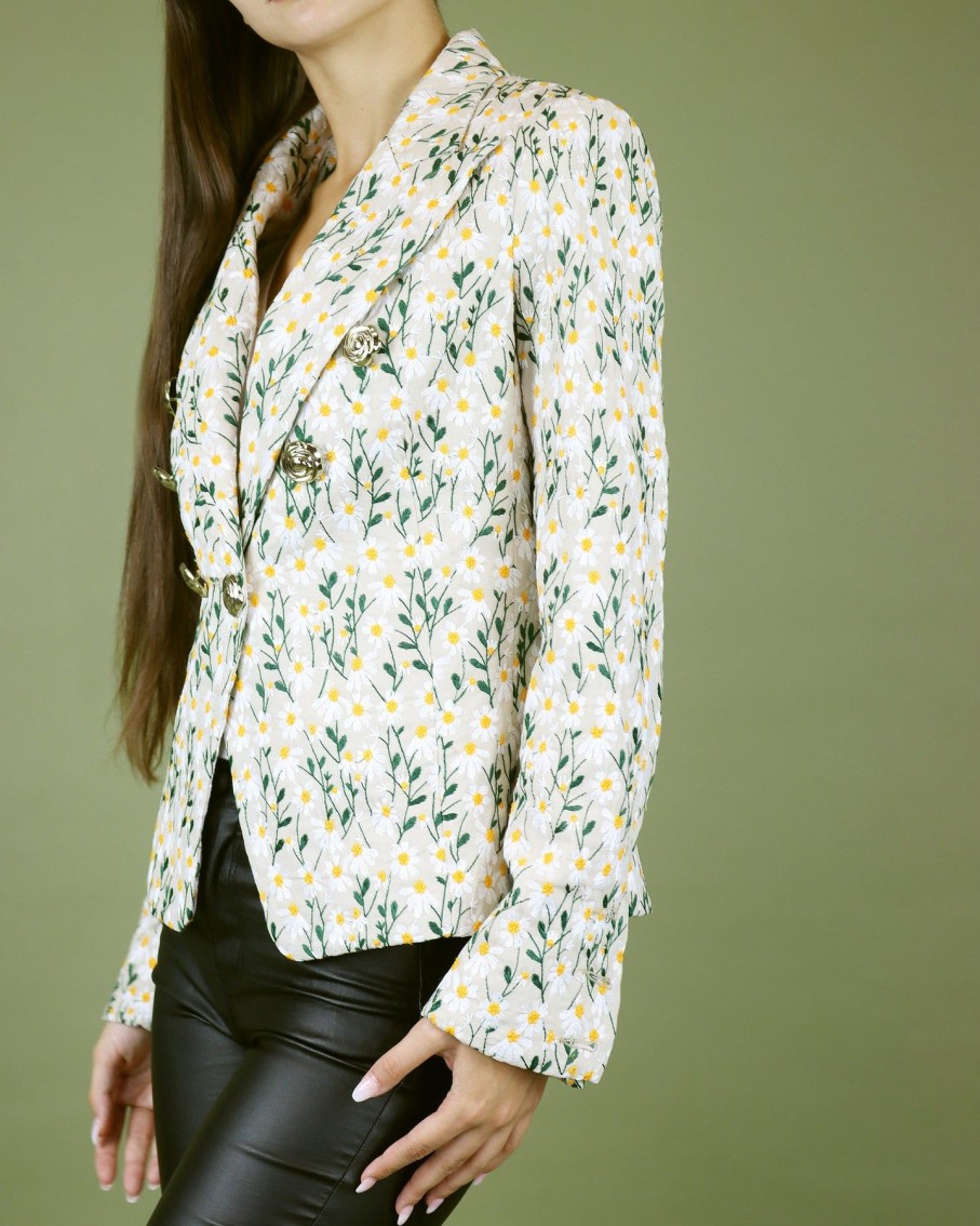 Women Skazi Coats & Jackets | Embroidered Daisy Floral Print Longline Blazer