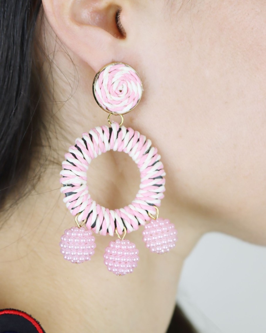 Women 227 Earrings | Candy Pink Striped Bobble Earrings