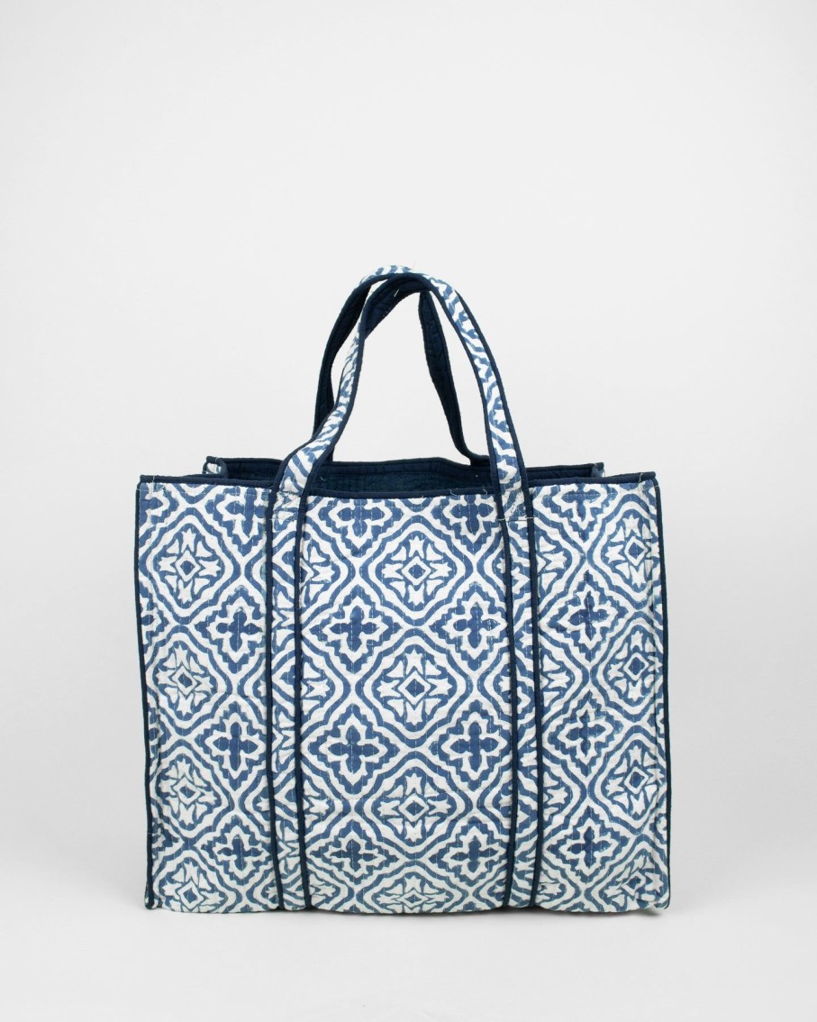 Women Ayras World Totes | Cross Flower Blue Block Printed Cotton Quilted Tote Bag