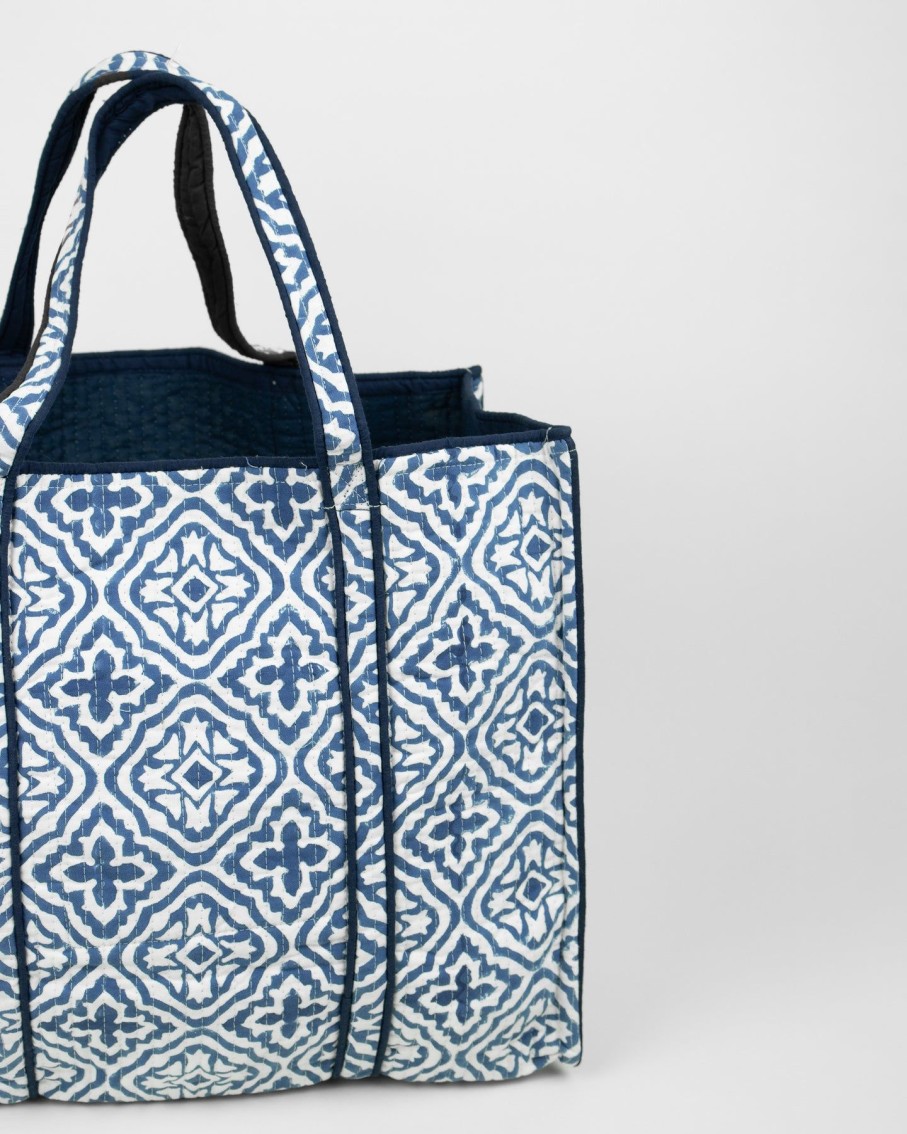 Women Ayras World Totes | Cross Flower Blue Block Printed Cotton Quilted Tote Bag