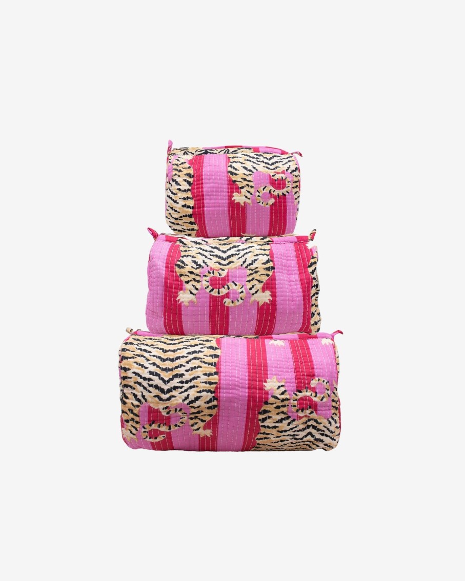 Women Ayras World Wash Bags | Fuchsia Block Printed Cotton Quilted Makeup/Washbag (Set Of 3)