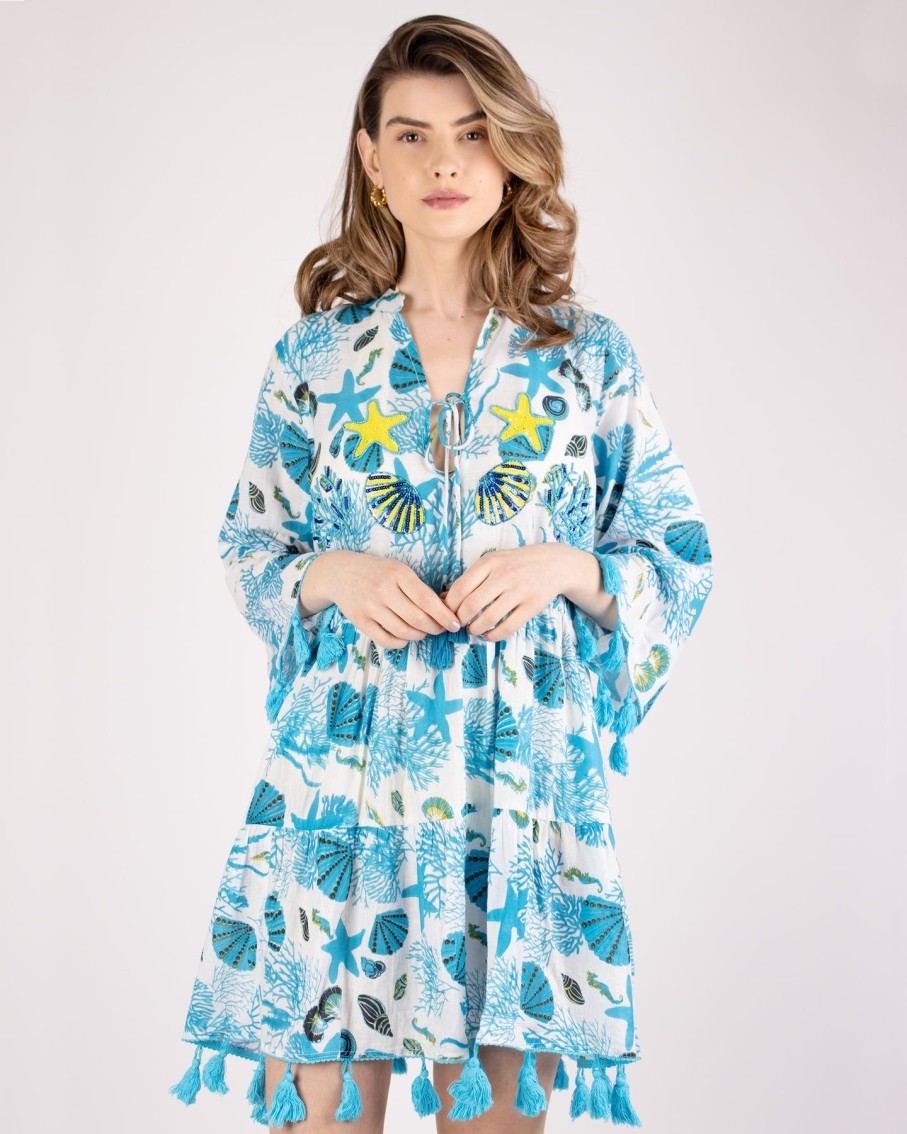 Women BLAIZ Dresses | Blue Coral Reef Tassel Kaftan