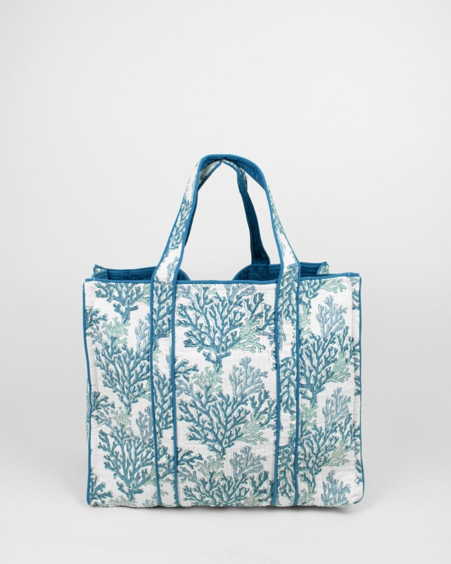 Women Ayras World Totes | Coral Multi Blue Block Printed Cotton Quilted Tote Bag