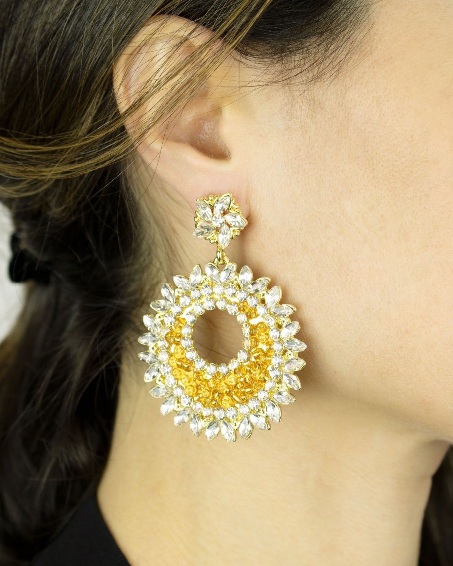 Women 227 Earrings | Amber Crystal Fan Oversized Drop Earrings