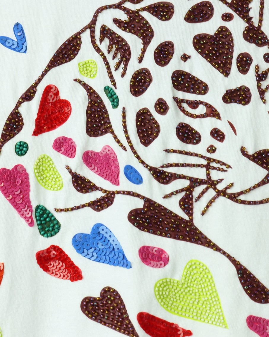 Women Arara for BLAIZ Tops & T-Shirts | Cheetah In Love Rainbow Embellished White T-Shirt