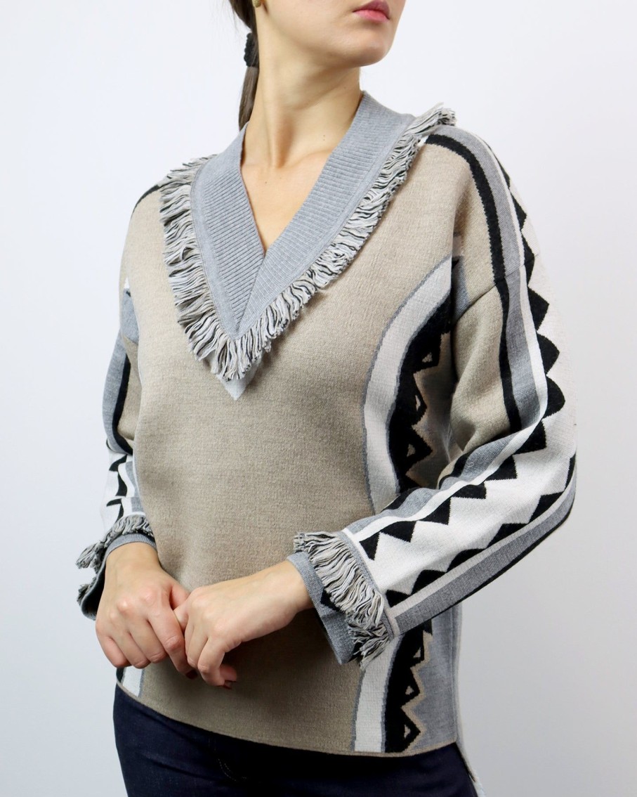 Women Mitawa Jumpers & Cardigans | Camel & Grey Fringed V-Neck Merino Sweater