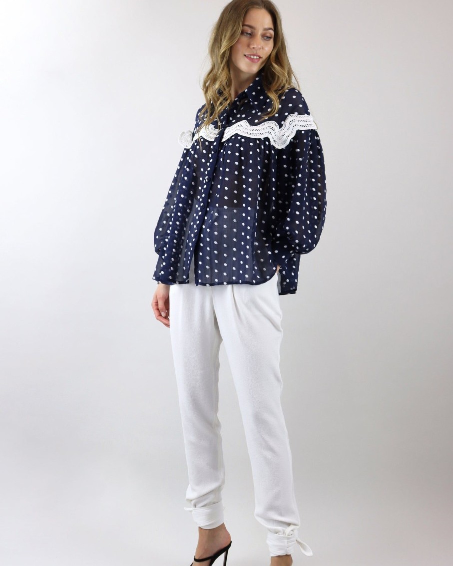 Women Skazi Shirts & Blouses | Navy Blue Sheer Polka Dot Shirt