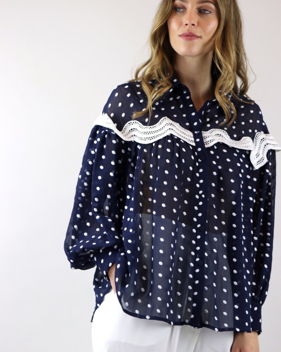 Women Skazi Shirts & Blouses | Navy Blue Sheer Polka Dot Shirt