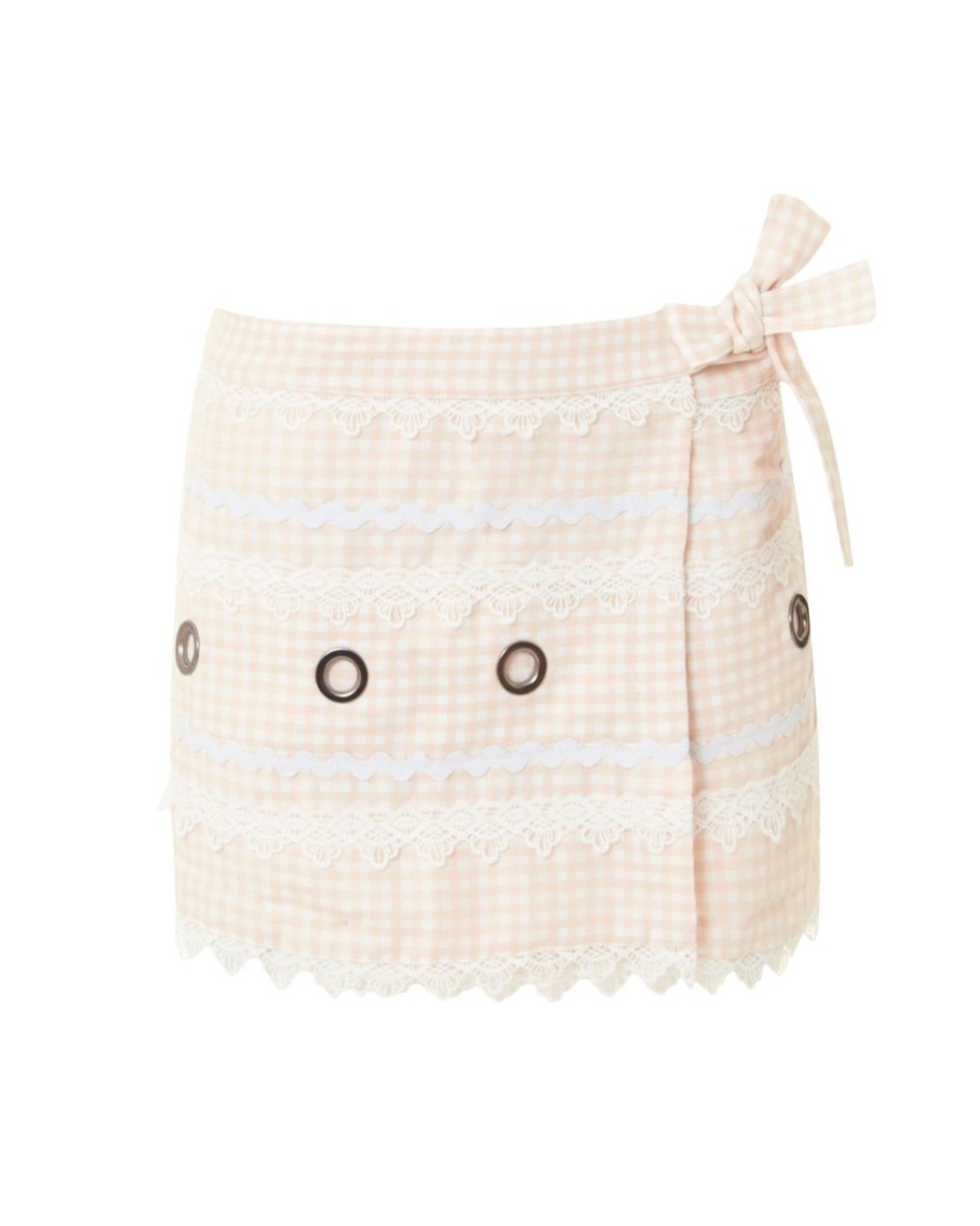 Women Batiche Skirts | Peach Gingham Wrap Mini Skirt