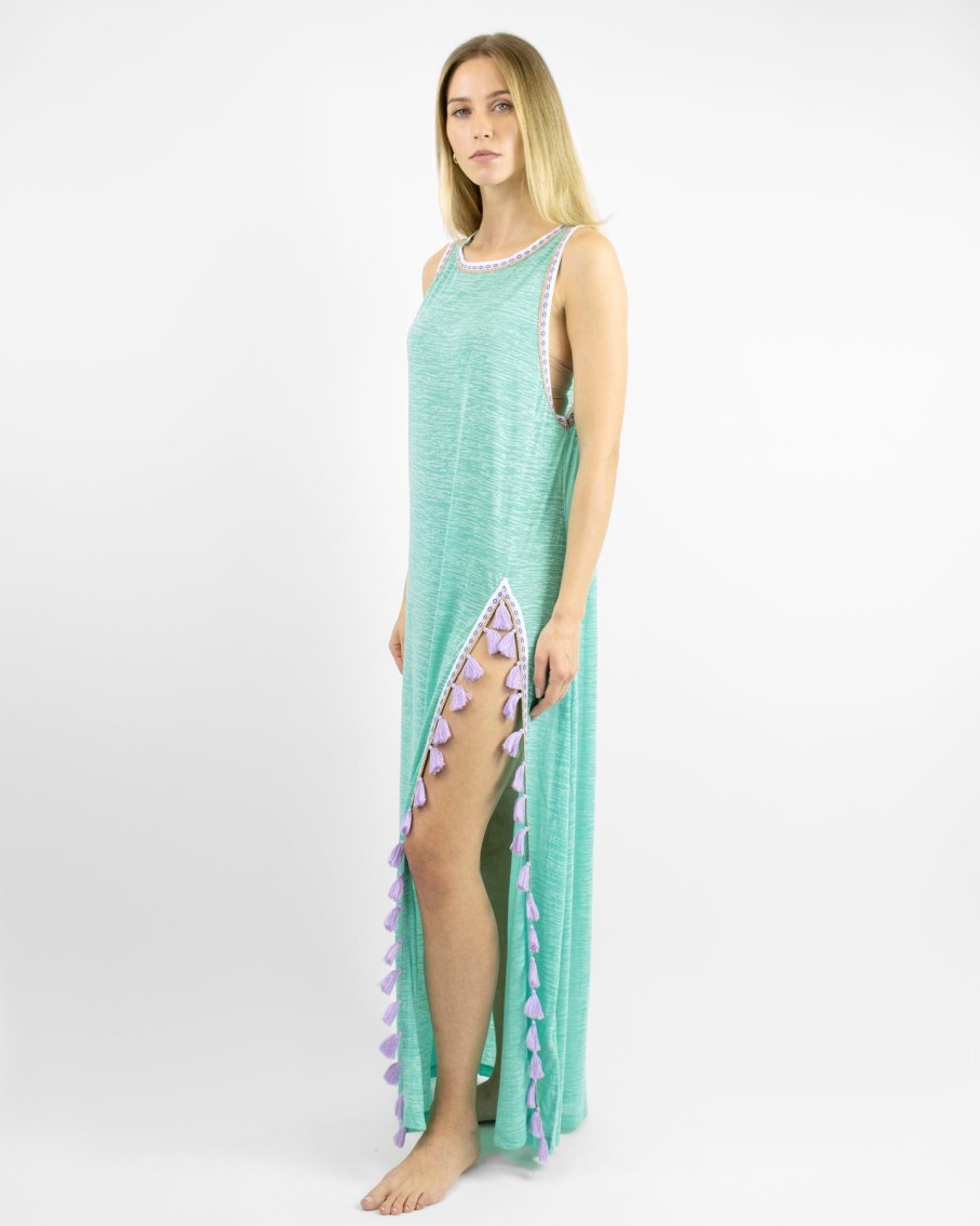 Women Pitusa Dresses | Mint Tassel Slit Maxi Dress