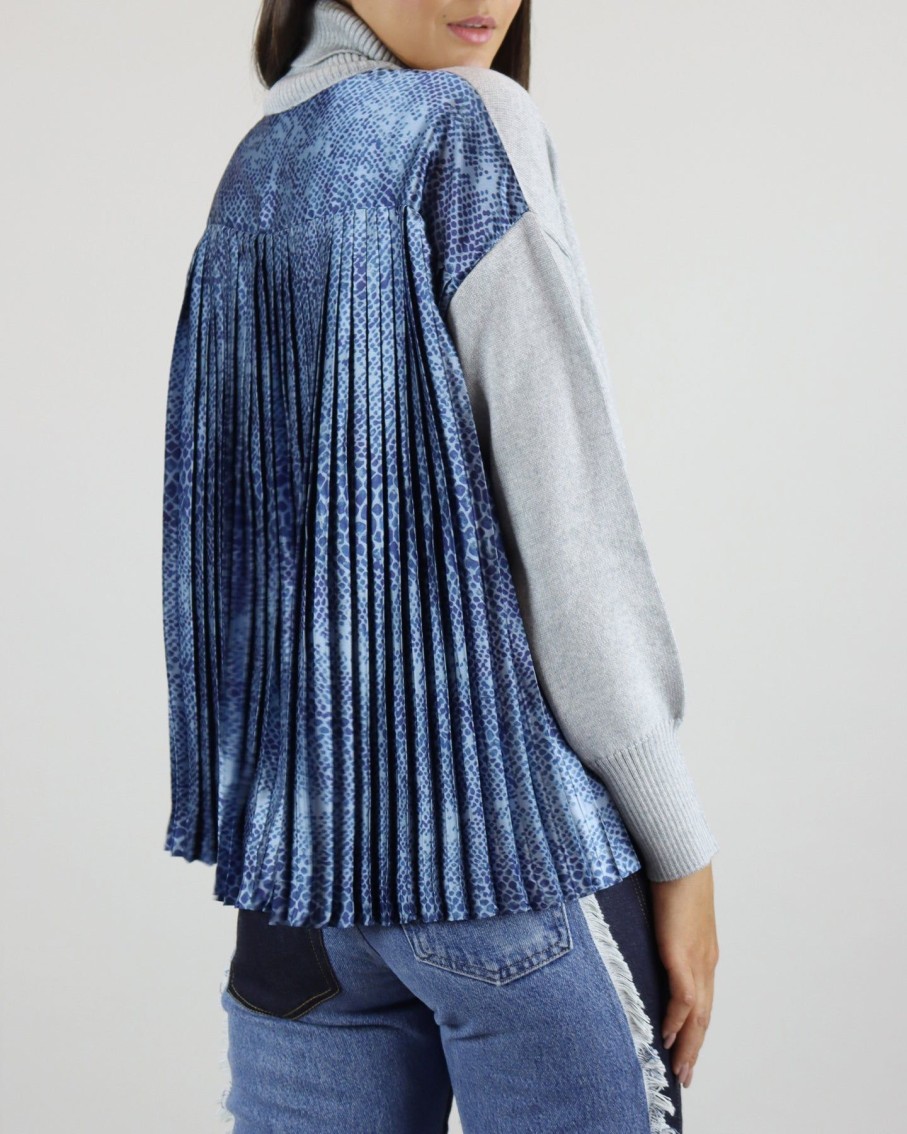 Women Izaak Azanei Jumpers & Cardigans | Grey Blue Print Silk Back Sweater