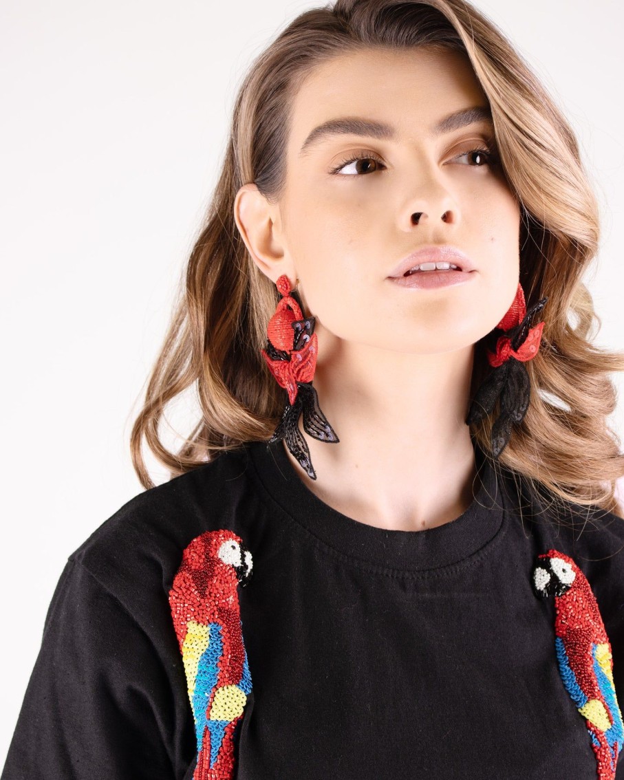 Women Arara for BLAIZ Earrings | Black And Red Vines And Shines Beaded Earrings