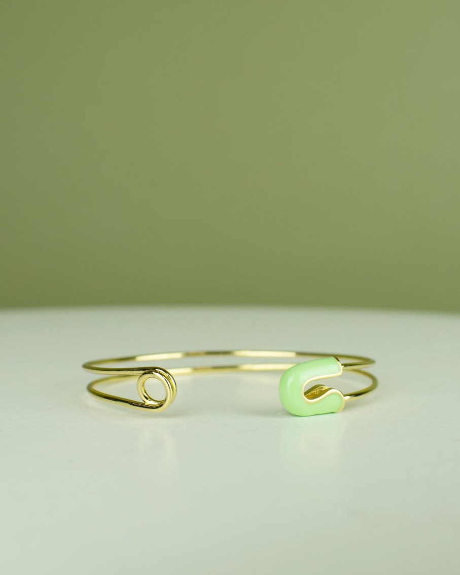 Women 227 Bracelets | Green Clover Safety Pin Gold Cuff