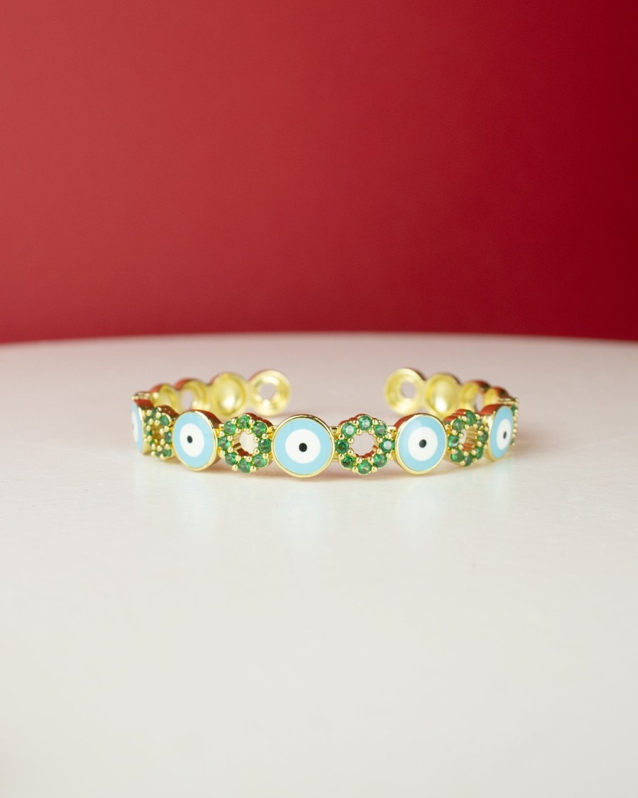 Women 227 Bracelets | Blue And Green Donut Gem Round Evil Eye Cuff Bracelet