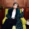 Women BLAIZ Coats & Jackets | Emerald Houndstooth Pattern Faux Fur Collar Coat