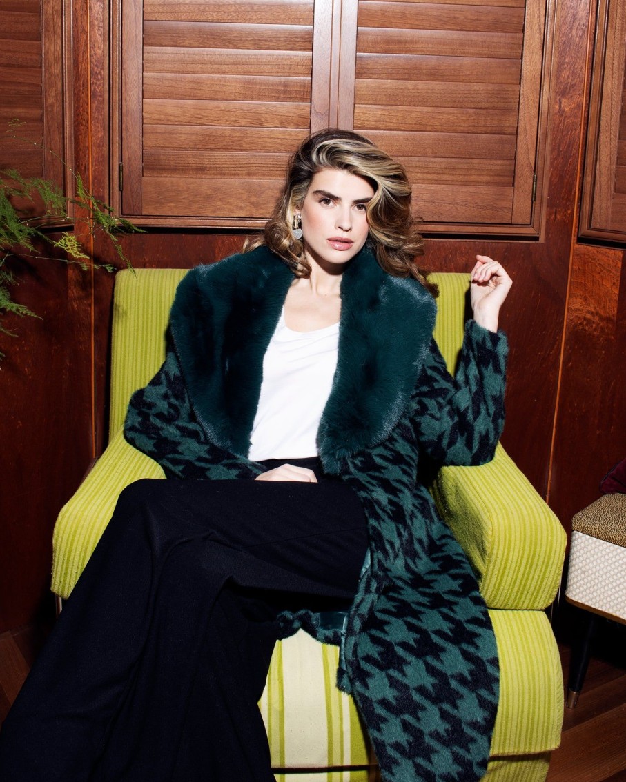 Women BLAIZ Coats & Jackets | Emerald Houndstooth Pattern Faux Fur Collar Coat