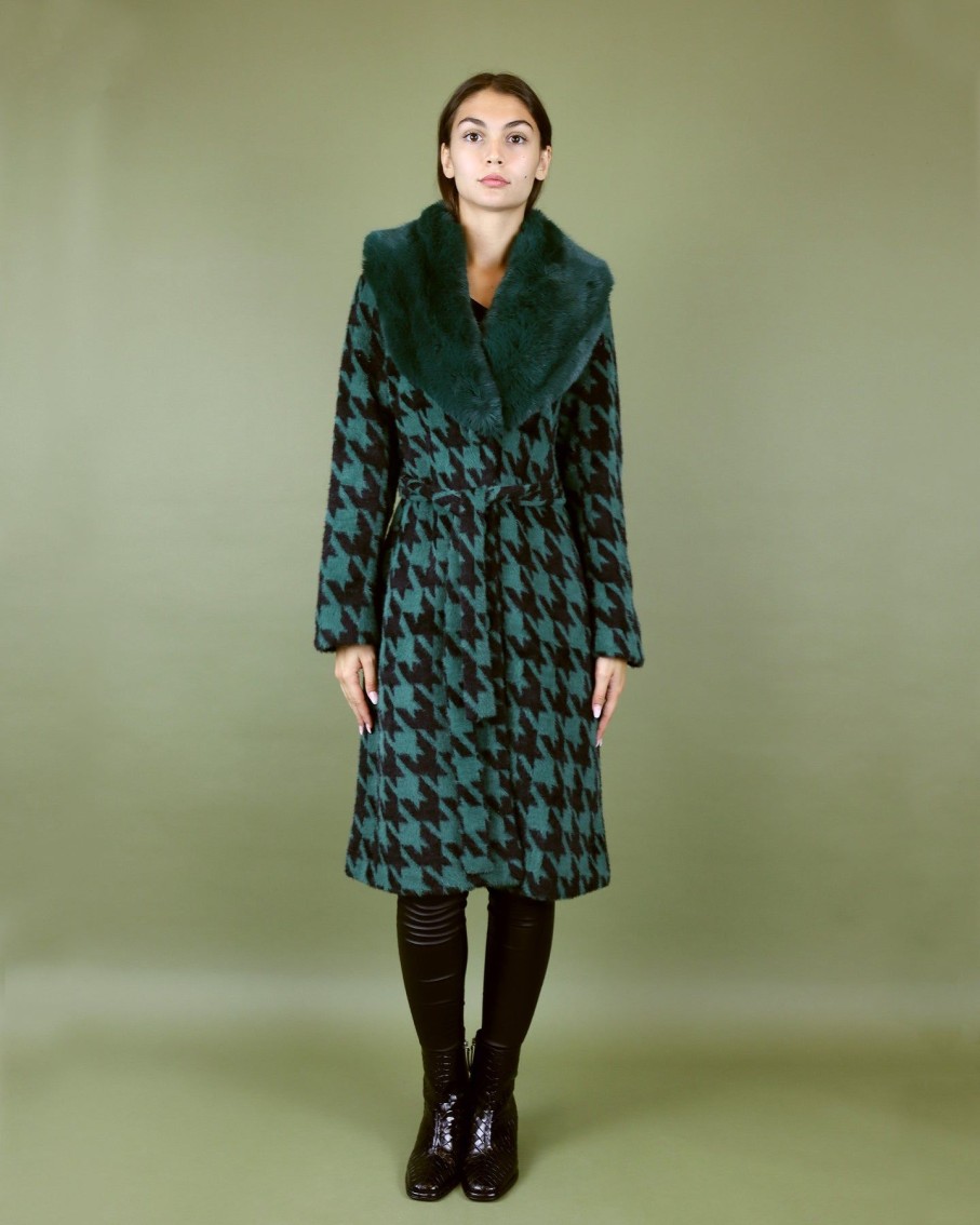 Women BLAIZ Coats & Jackets | Emerald Houndstooth Pattern Faux Fur Collar Coat