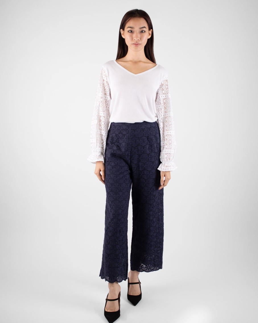 Women Marina V Trousers | Navy Embroidery Cullote Trousers