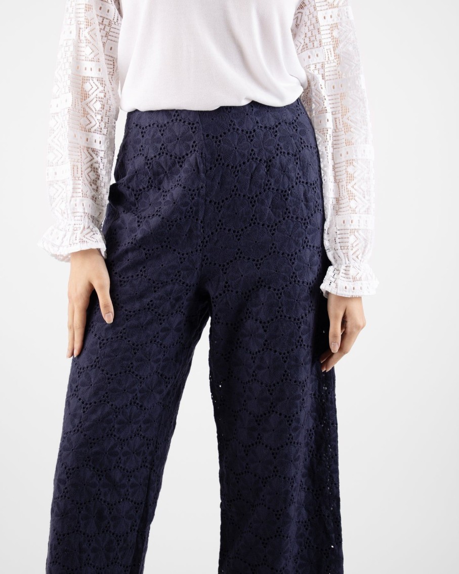 Women Marina V Trousers | Navy Embroidery Cullote Trousers