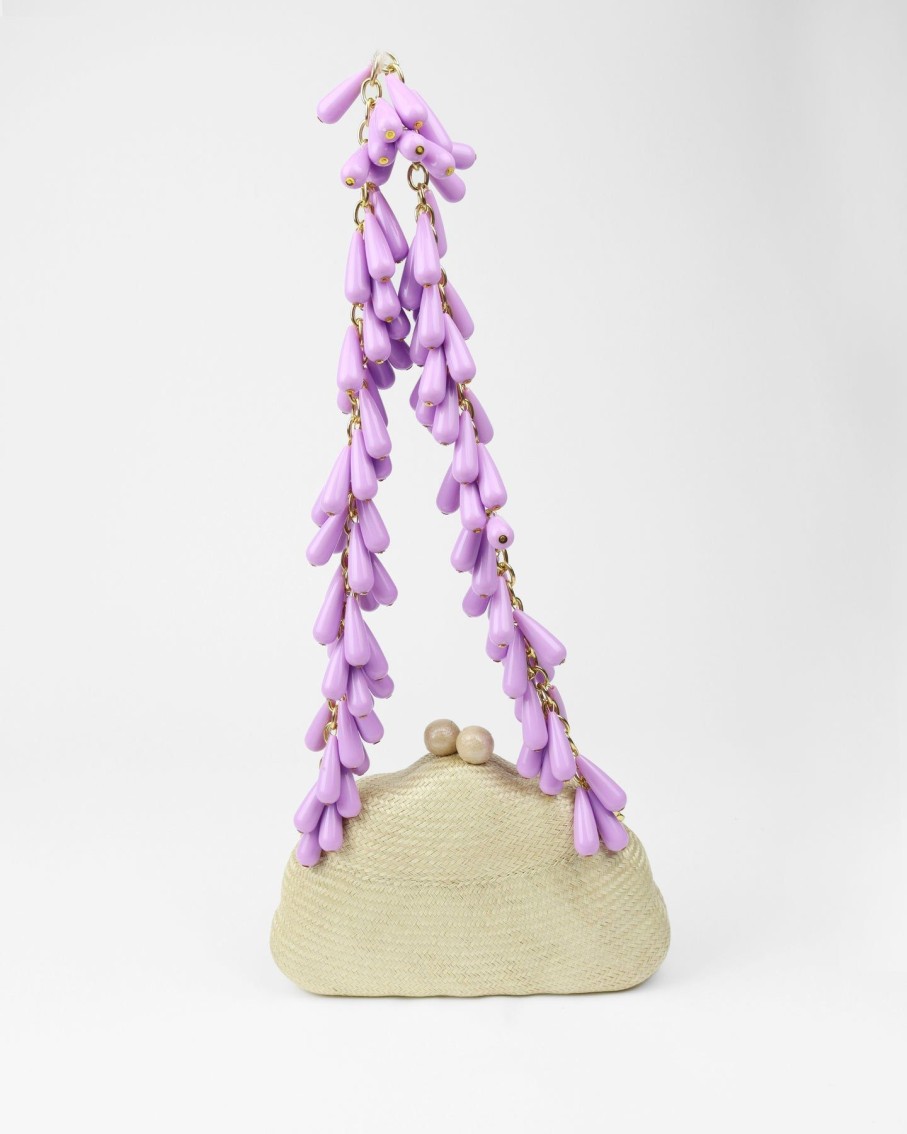 Women Serpui Clutches | Maya Sand Shell Bun With Lilac Handle Straw Bag